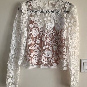 Wayf White Floral Lace Sheer Long-Sleeve Top